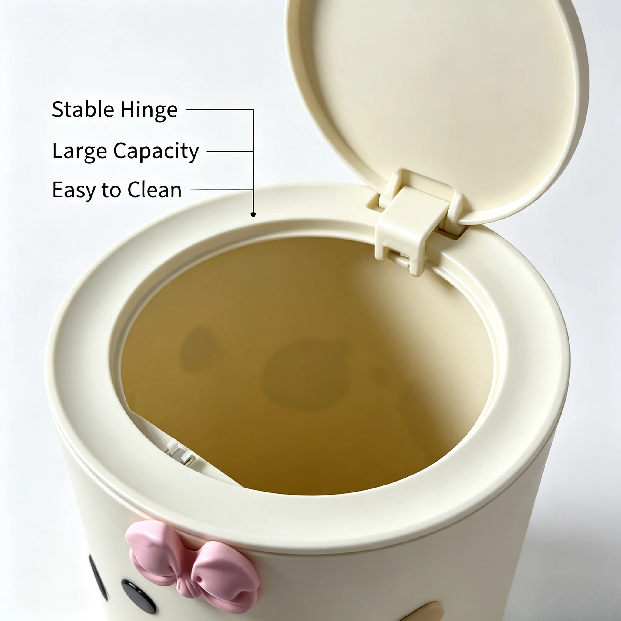 Aesthetic Cartoon Plastic Trash Can With Press‑Lid, Lovely Bow‑Knot Decor Round Garbage Bucket, Waste Bin With Movable Arms For Indoor Household Use
