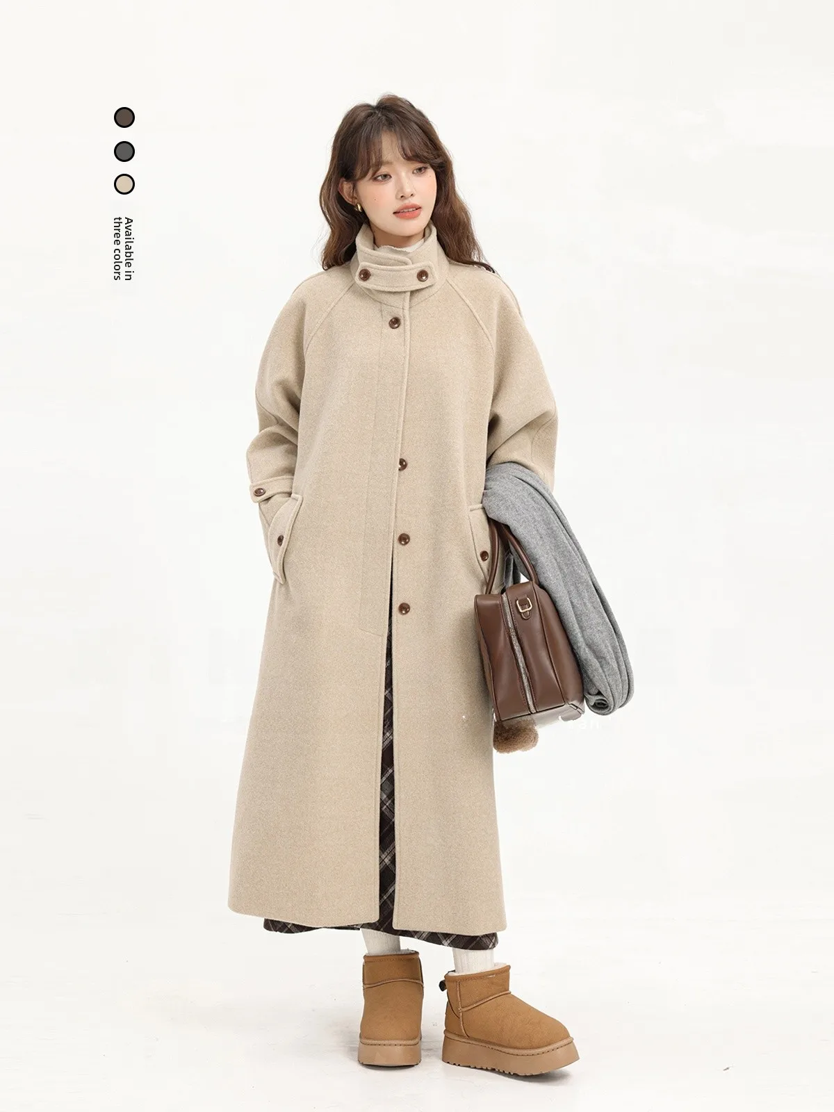 

Корейское длинное шерстяное пальто с воротником-стойкой, универсальное антивозрастное милое новое осенне-зимнее высококачественное ощущение для поездок на работу