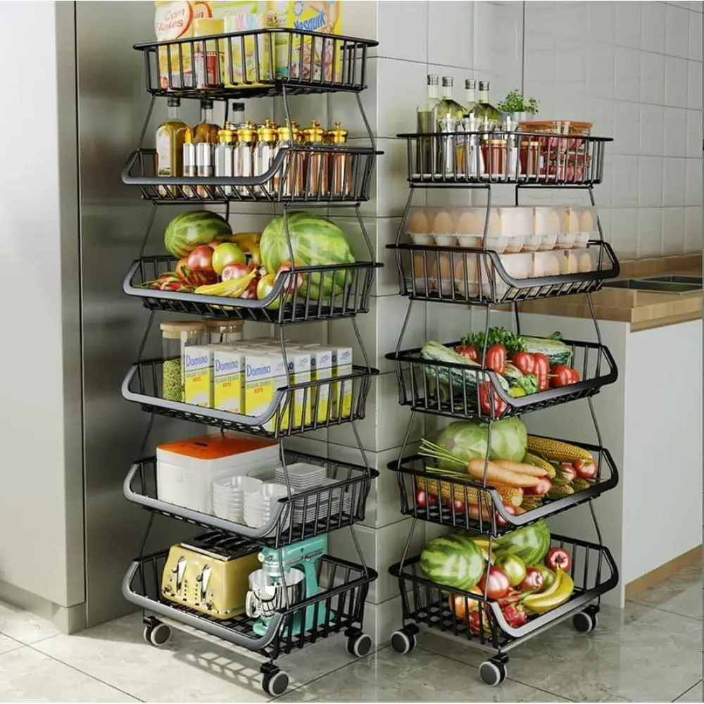 6-Tier Wire Storage Bins with Wheels and Feet Heavy Duty Kitchen Organizers