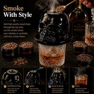 Skull-shaped whisky cocktail smoking mixing set, containing various natural wood chips of different flavors, including pear, che
