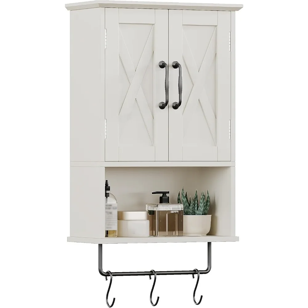 Farmhouse Wall Cabinet with Adjustable Shelf Towel Bar and Hooks Over Toilet Storage for Bathroom or Kitchen White