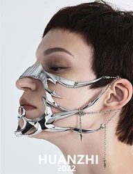 HUANZHI 2023  Luxury CyberPunk Liquid Irregular Silver Color Hollow Titanium Steel Mask For Women Men Party Individual Jewelry