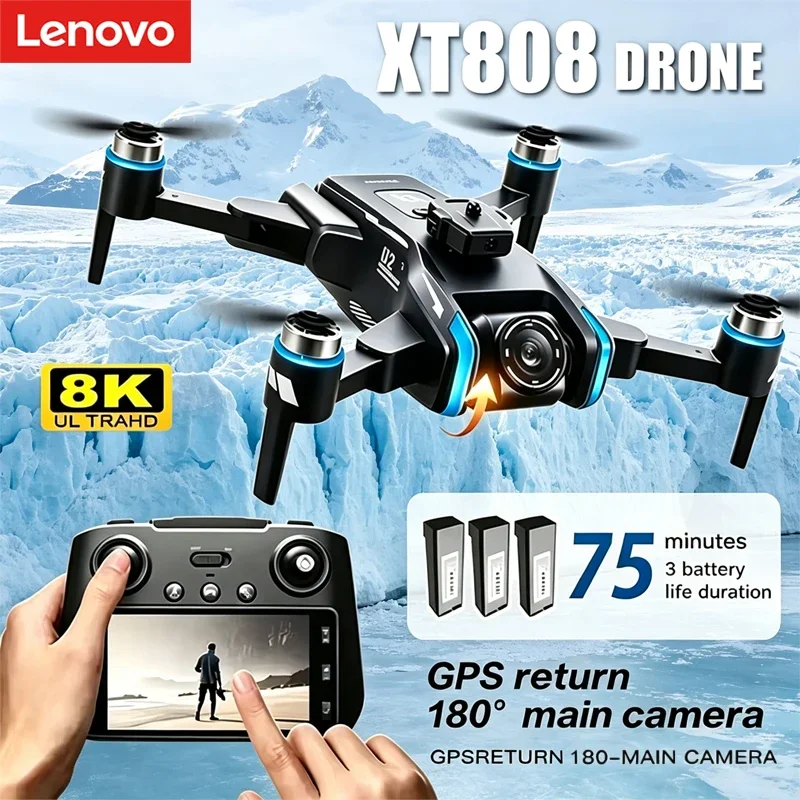 

Lenovo XT808 GPS Drone Professional 8K HD Dual Camera Brushless Motor 5G WIFI FPV Foldable Screen Display RC Quadcopter Toy
