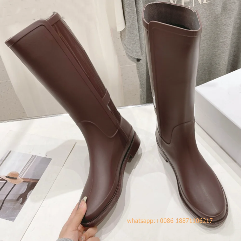 Autumn New Women's Rain Boots 2024 Round Toe Belt Buckle Model Sexy Thick Heel Boots Street Fashion Casual Black/brown Long Boot