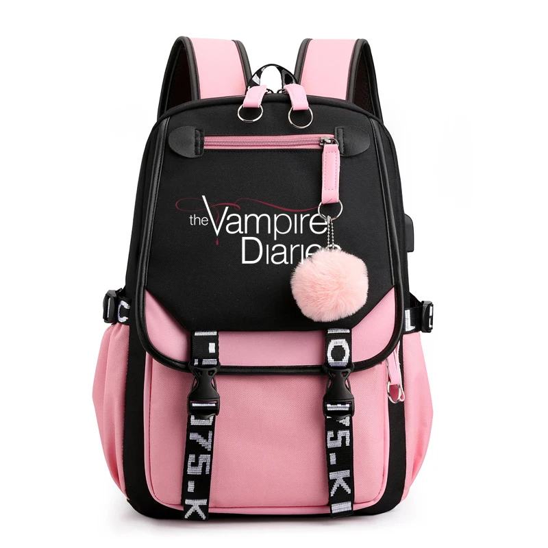 The Vampire Diaries Anime USB Port Backpack Nylon School Book Student Travel Bags Laptop Casual Large Messenger Bag