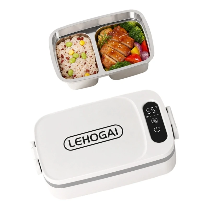 Rechargeable Heated Lunch Box with Battery, Digital Display, Removable Tray, and Two Side Latches for Office Meals and D2RD