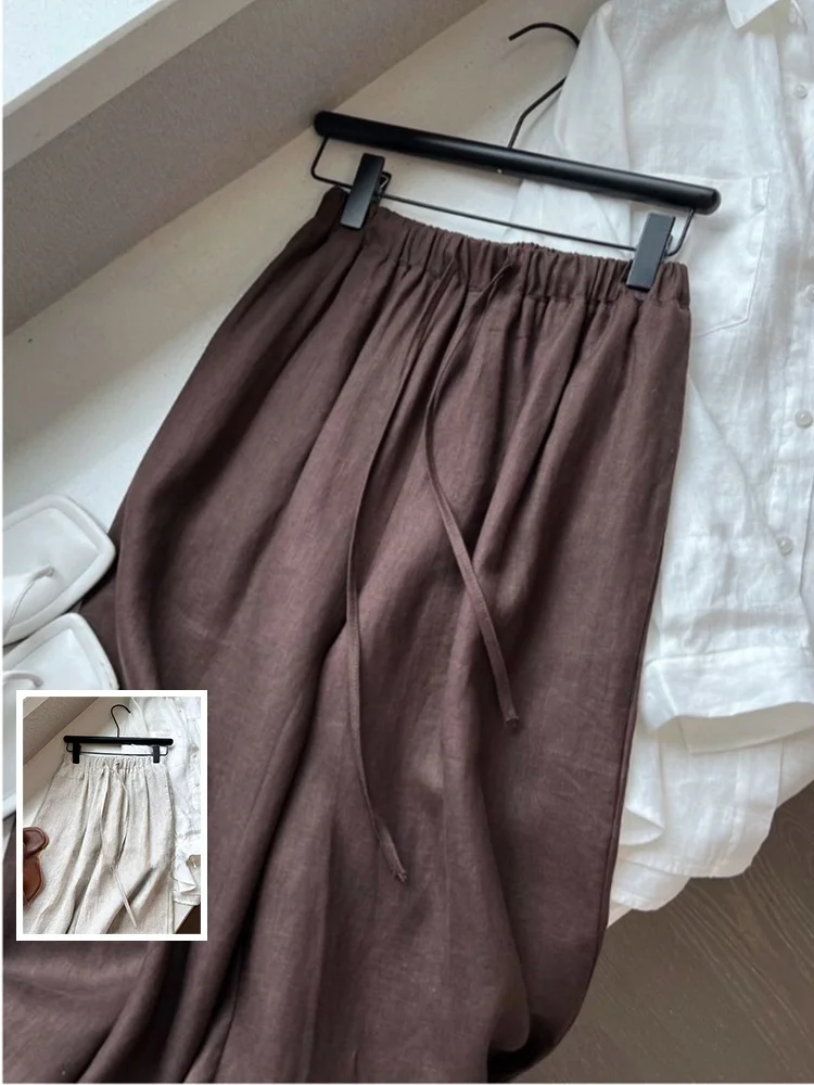 

Pure Color Cool Wide Leg Trousers Loose Elastic Waist Casual Straight Leg Pants Summer Cotton Linen Large Size Women's...