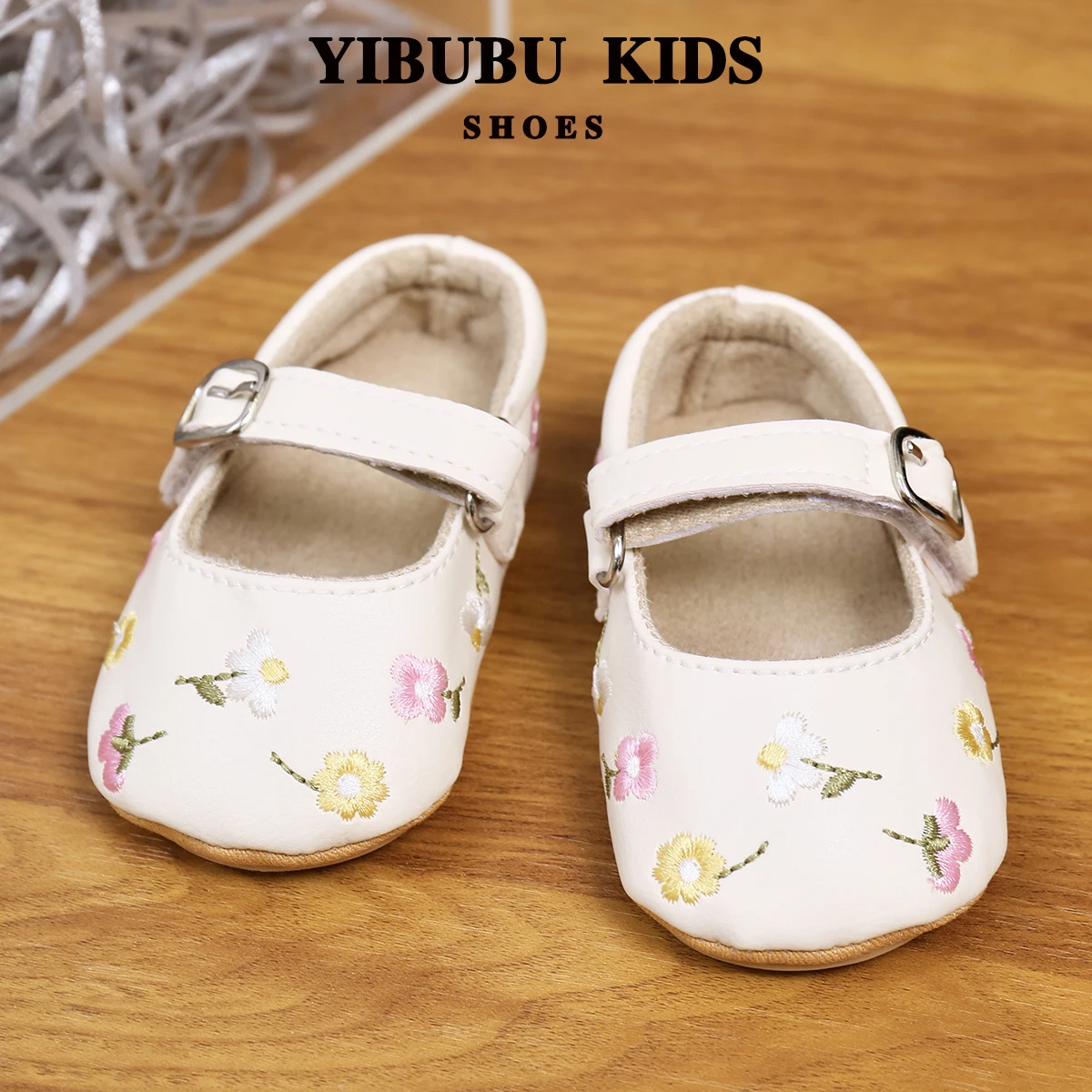 Yibubu Beige Baby Shoes Embroidered Floral Baby Girl Shoes, Mary Jane Flats, Princess Shoes, Non-Slip Rubber Sole Newborn First