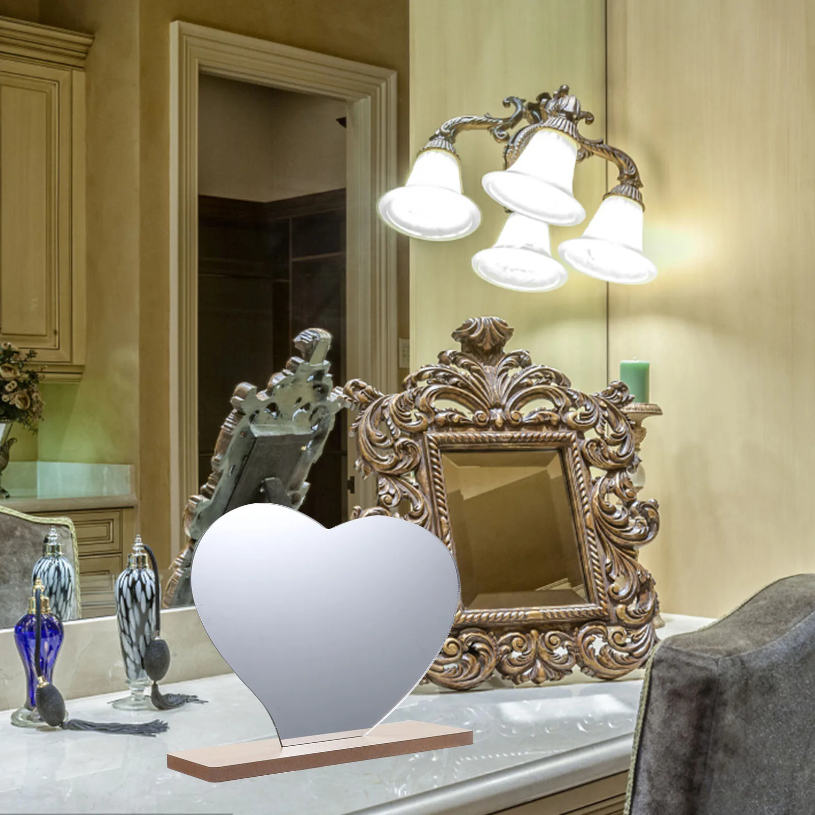 سطح المكتب الاكريليك شكل غير منتظم قاعدة خشبية مرآة طاولة مستقرة ديكور مكتب جمالي #3