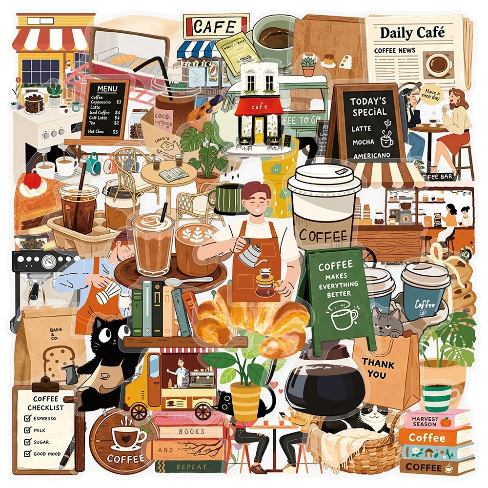 10/30/50pcs Cartoon Healing Coffee Shop Stickers Afternoon Tea Cafe Sticker Water Bottle Phone Notebook Transparent Decals Pack