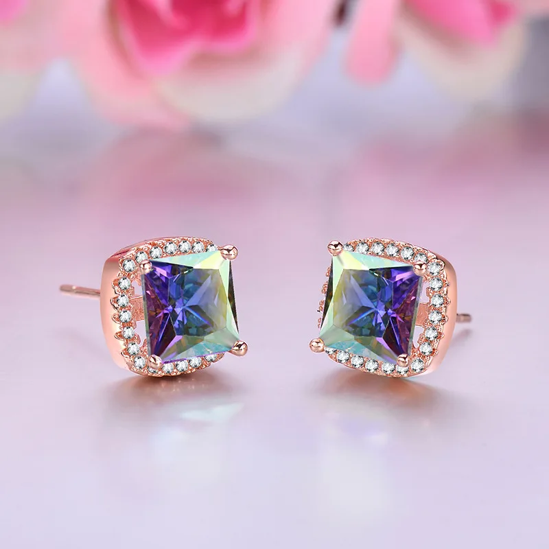 Classic Rose Gold-Tone Square Full Of Diamond Stud Earrings For Womens Geometric Zircon Valentine's Day Gift jewelry