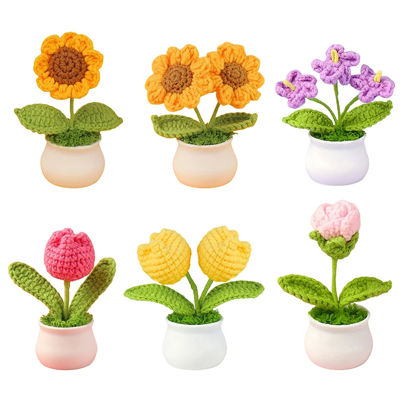 Artificial Flower Handwoven Mini Potted Flower Rose Office Desktop Ornamental Potted Plants Woolen Thread Home Decoration