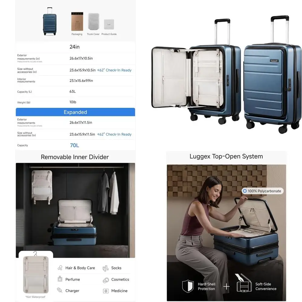 

Расширяемый чемодан с твердым корпусом и верхним отверстием, 24 дюйма, синий, вместимость 63-70 л.
