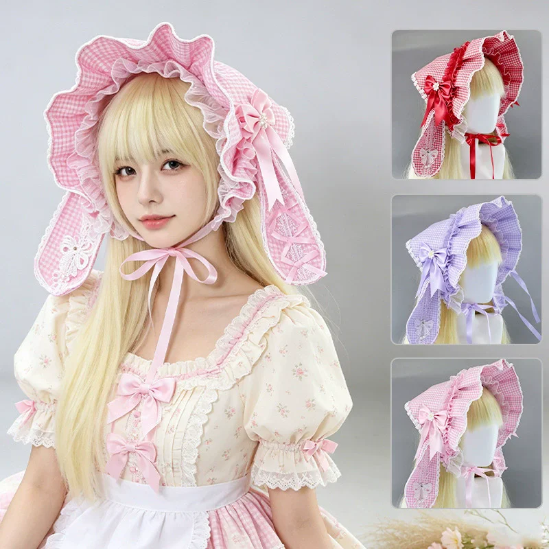 Sweet Cute Lace Headband Handcrafted Checkered LOLITA Rabbit Ears BNT Bonet Red Pink Purple Headwear hat Maid Cosplay Headpiece