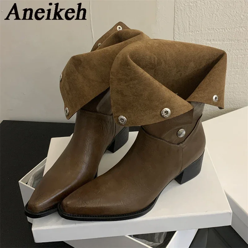 Aneikeh 2025 NEW Autumn PU Turned-Over Edge Mid-Calf Boots Solid Women Shoes Pointed Toe Square Heel Leisure Women Boots Shallow