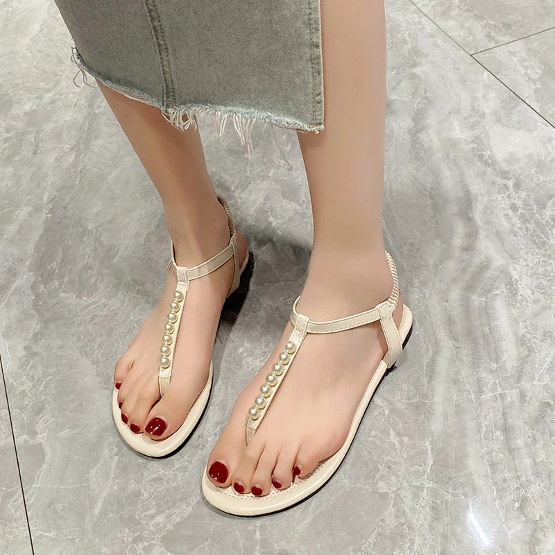 

2024 NEW Summer Sandals Casual Fashion Solid Color Flat Beaded Comfortable Thong Toe Elegant Non-slip Women's Shoes Thong Sexy