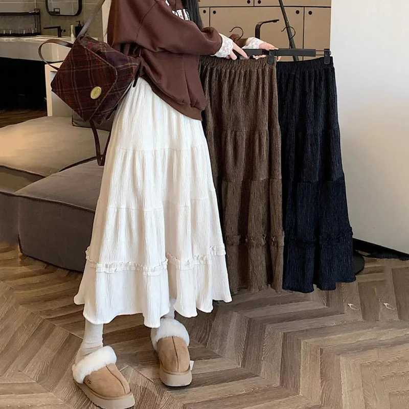 Xpqbb Autumn Winter Corduroy Skirt Women Vintage Brown Elastic High Waist Long Skirt Woman All-match Streetwear A-line Skirts