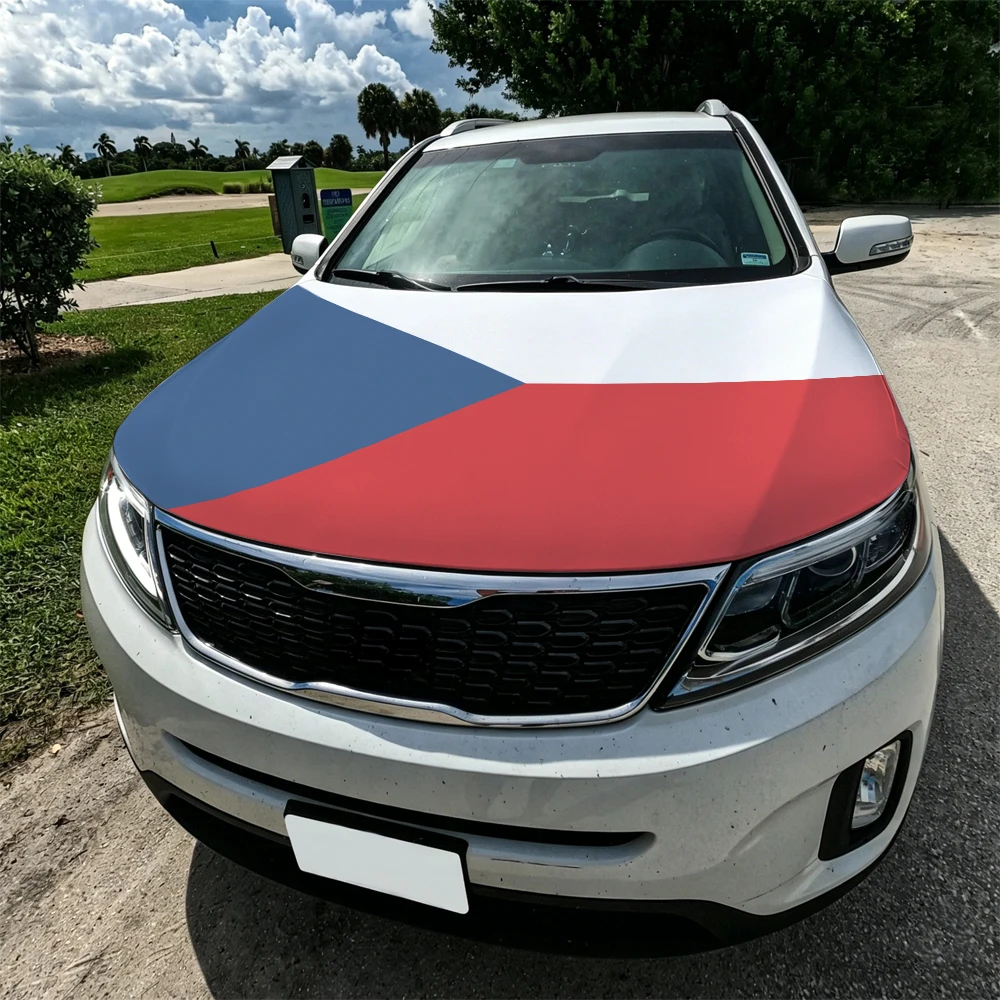 3.8x5.3ft Czech Republi Car Hood Cover Flag Car Bonnet Banner Elastic Fabrics Windproof Patriotic Automotive Hood Covers