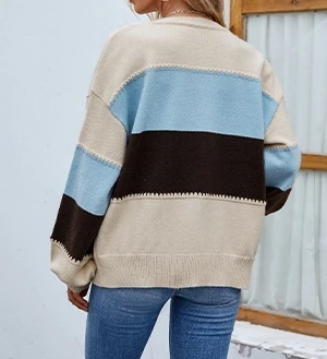 Women's Winter Sweaters Casual Knitted Lantern Sleeve Color Blocked Sweater Women's Coat Commuting Women's Cardigan Sweater