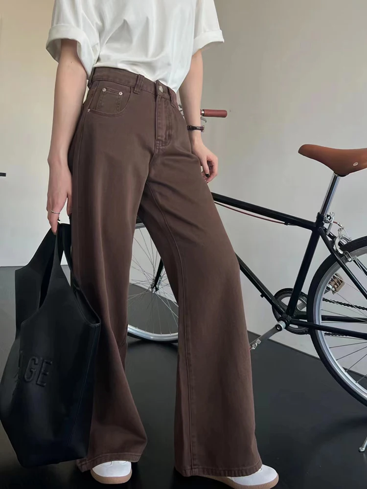 Vintage Women High Waist Wide Leg Loose Casual Jeans Basic Y2K Fashion Pocket Zipper Denim Pants Coffee Khaki Trousers 2024 New