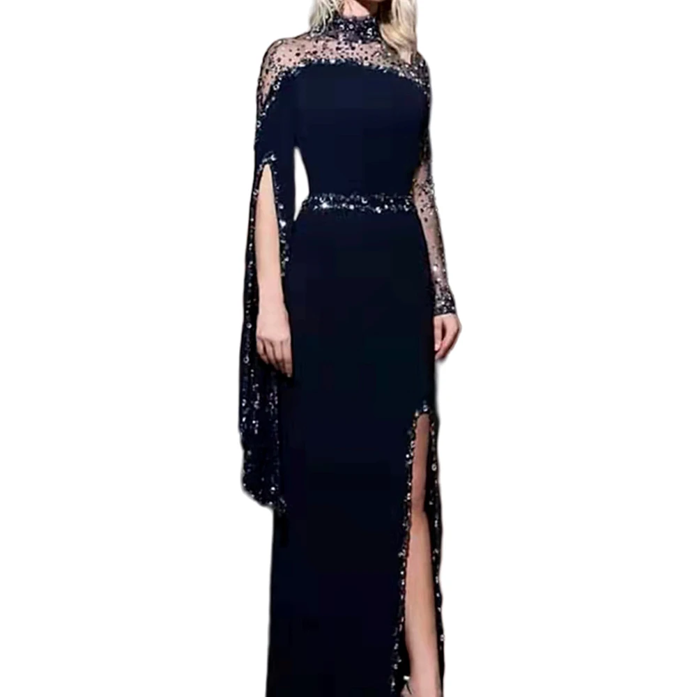 Shinny Beaded High Neck Prom Dresses 2023 Full Sleeves Back Illusion Party Formal Evening Gowns Customize robe de soirée