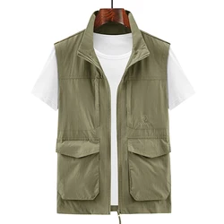 Chaqueta fina sin mangas de secado rápido para hombre, chaleco informal con múltiples bolsillos para fotografía y pesca, ropa de trabajo Khkai verde, Verano