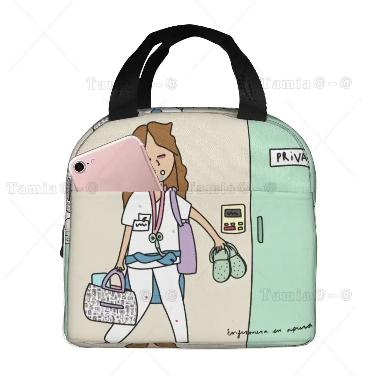 bolsa-termica-feminina-estampada-com-desenho-de-enfermeira-para-almoco-design-'no-paro-de-doblar-enfermera-en-apuros'-em-tecido-oxford