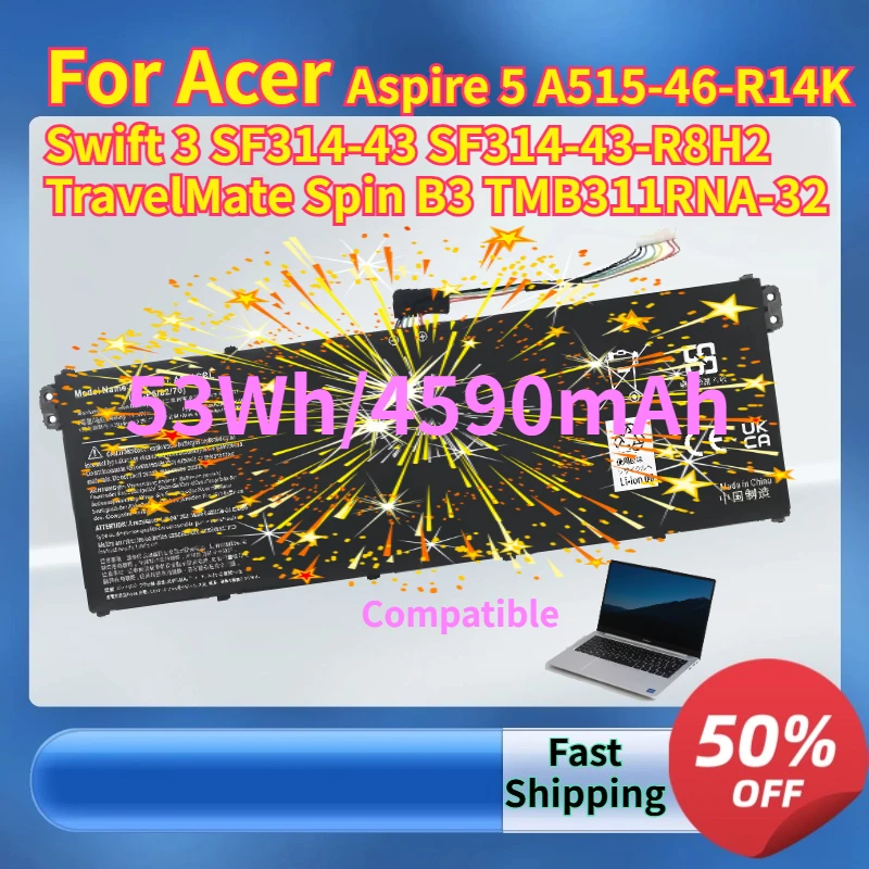 

Laptop Battery AP20CBL 11.55V 53Wh for Acer Aspire 5 A515-46-R14K Swift 3 SF314-43 SF314-43-R8H2 TravelMate Spin B3 TMB311RNA-32