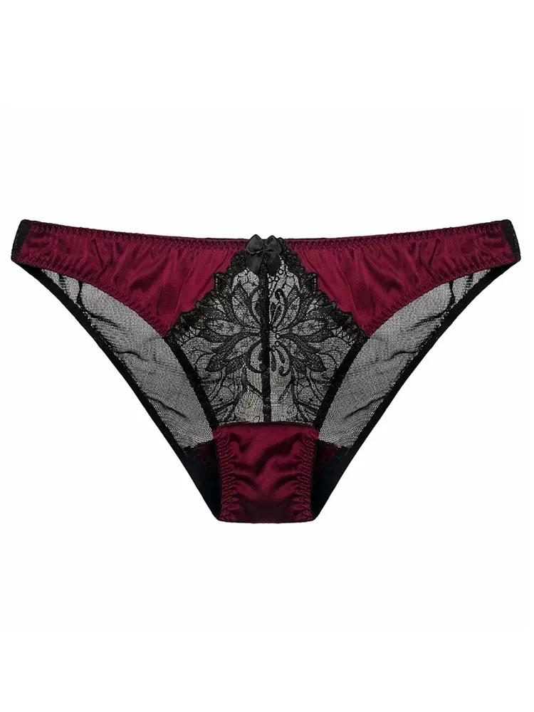 BirdTree, 93% Real Silk Sexy Briefs, Women Low Waist Lace Patchwork Bow, High End Breathable Underwear, 2024 Summer New P44689QM