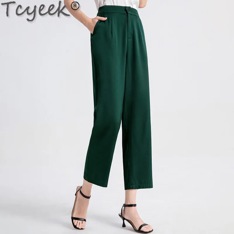 

Tcyeek 95% Mulberry Real Silk Pants Summer Straight Pants Thin Style Pants for Women Ankle-length Woman Trousers 2024 Loose Fit