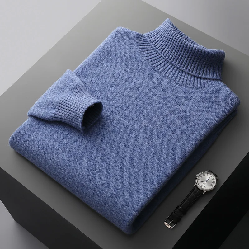 Autumn and winter new cashmere sweater men\'s turtleneck thickened 100% pure wool sweater youth loose top warm knit coat