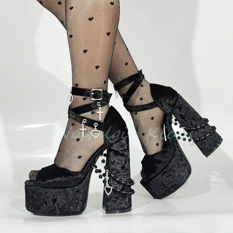 Gothic Black Velvet Platform High Heel Sandals Chunky Cross Buckle Strappy Peep Toe Pumps Punk Dark Fashion Women's Shoes
