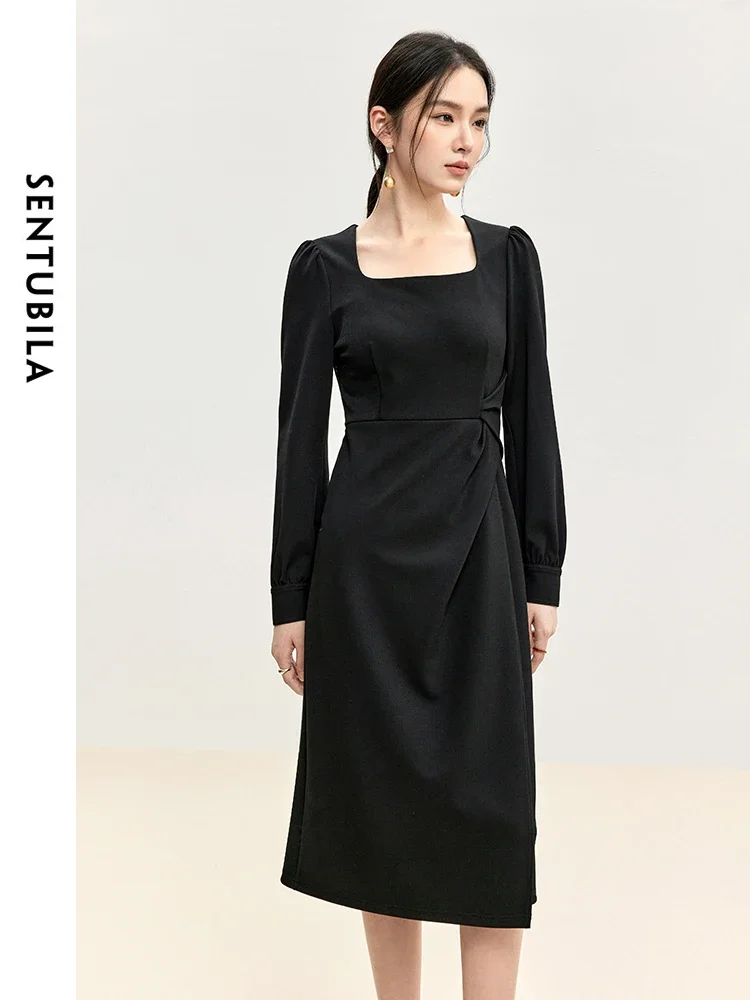 SENTUBILA Knitted Square Neck Black Dress  2024 Autumn A Line Retract Waist Long Sleeve Elegant Knee-length Dress 143L56674