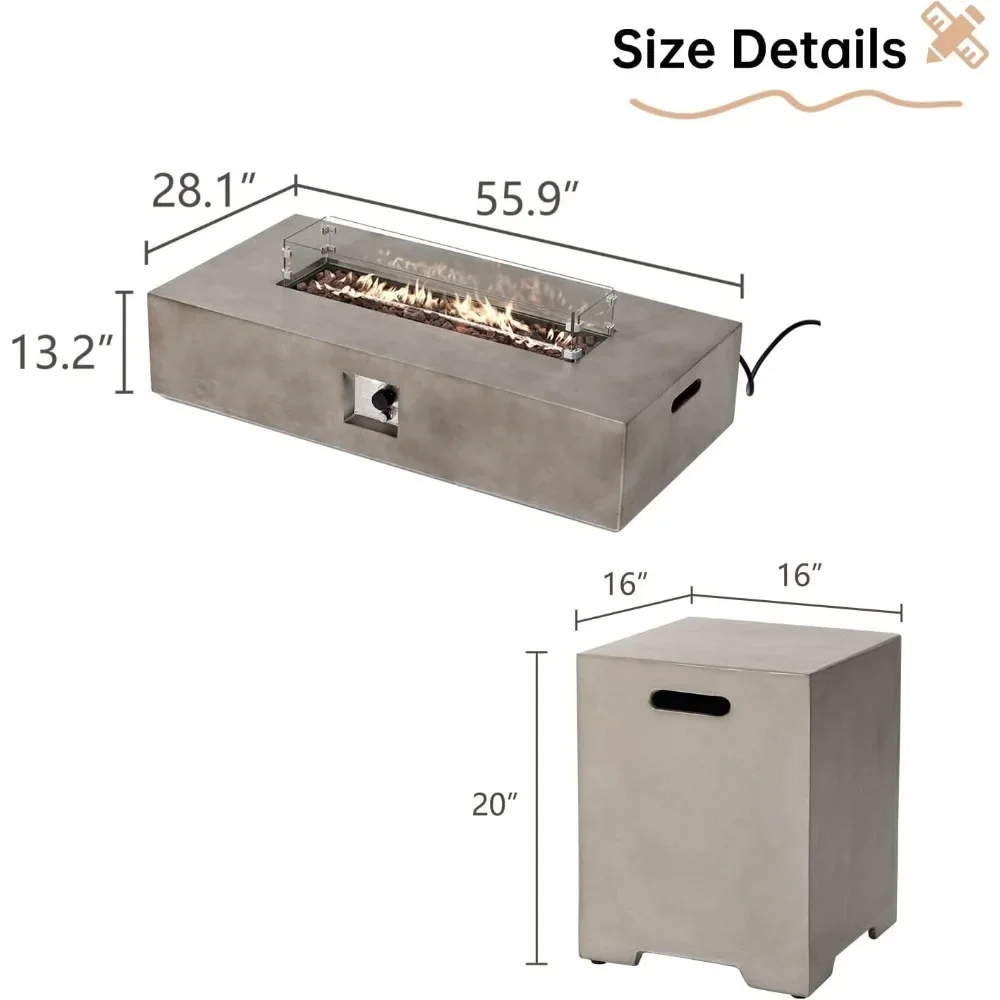 56'' Propane Fire Pit Table W Wind Guard & 20lb Tank Cover，50000 BTU Fire Pit W Waterproof Cover & Fire Stone，Fire Pit Table