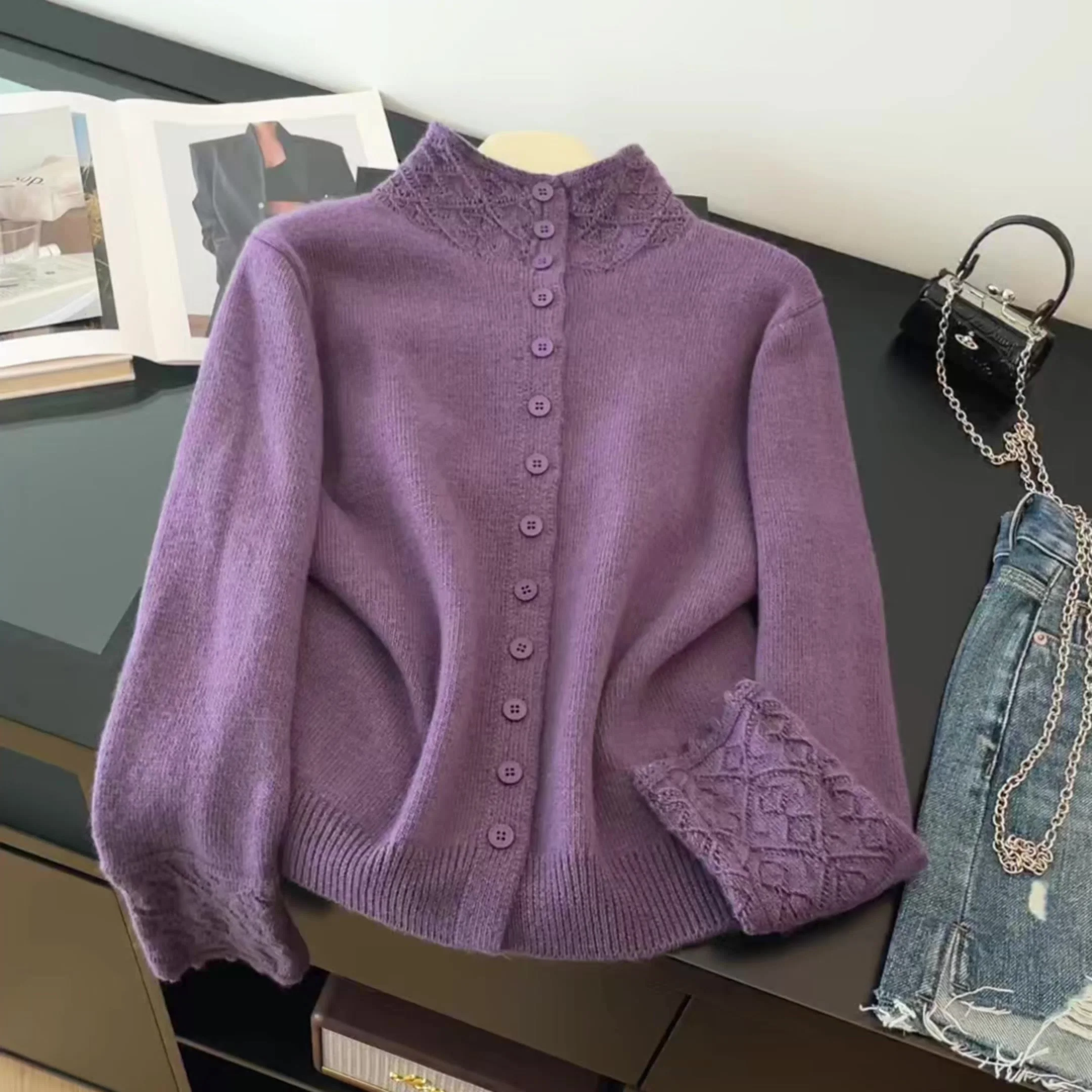 

Women's Purple Cozy Knit Cardigan Sweater 2000s Vintage Long Sleeves Turtleneck Cashmere Sweater Jacket Spring Autumn For Women