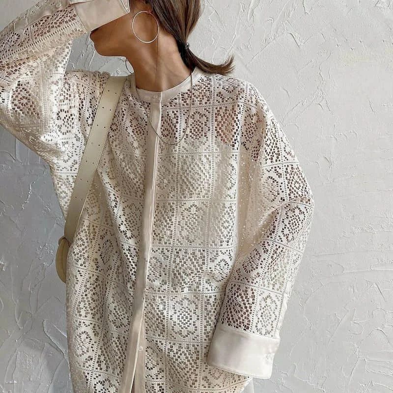

Knitted T-shirts for Women O-neck Sunscreen Lace Crochet Tops Oversized Casual Korean Style Smock Long Sleeve Summer Clothes