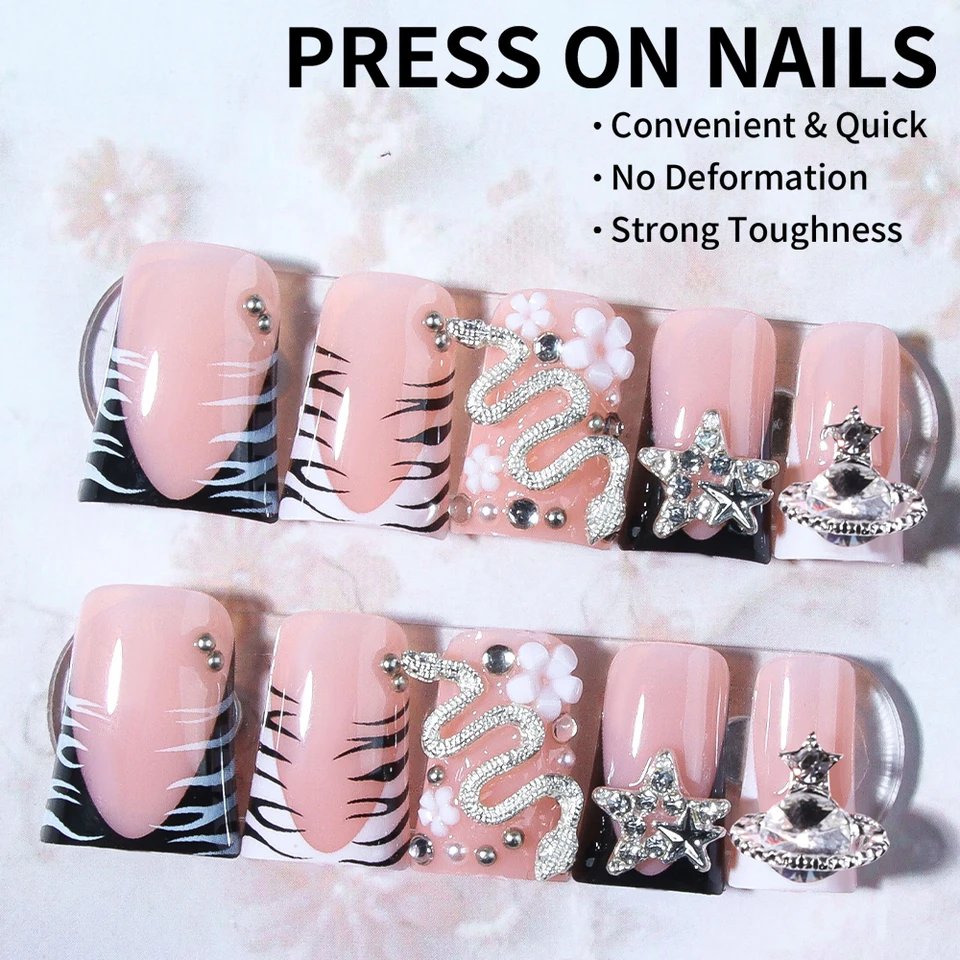 24 Piezas Uñas Postizas Largas Pato con Francesa Negra, Decoradas con Cruz de Aleación 3D y Serpiente con Pedrería, Ajuste Perfecto 3