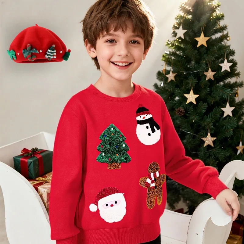 

Boys Christmas Long Sleeve Cartoon Santa Printed Hoodie Beret Suit for Winter Xmas Party Cosplay Pullover Casual Loose Comfy Top