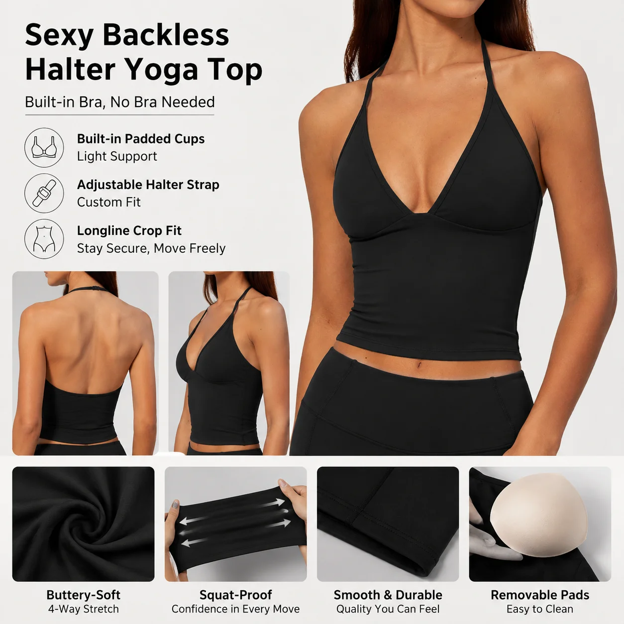 Sexy Backless Halter Yoga Top Women V Neck Padded Longline Crop Tank Built In Bra Adjustable Gym Fitness Running