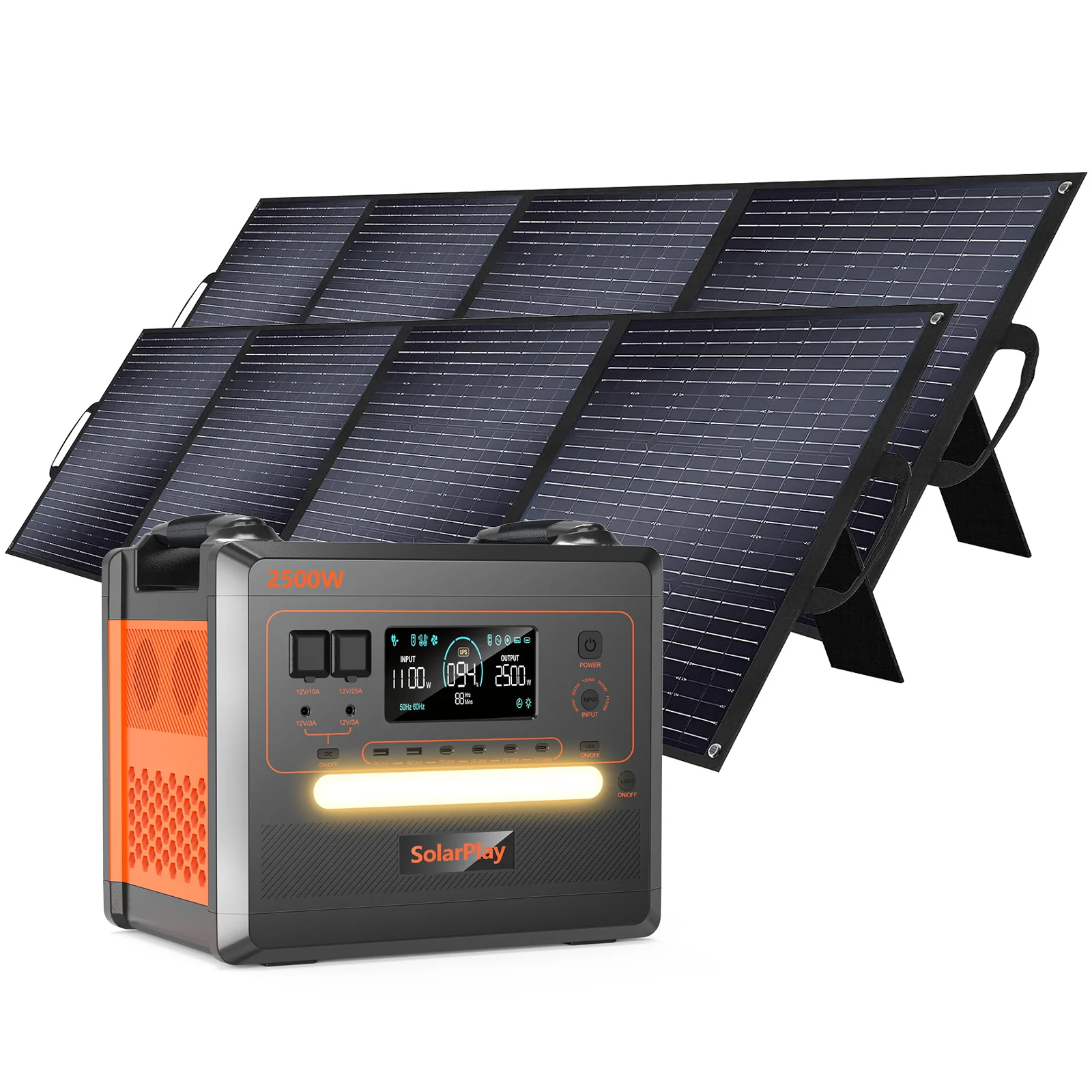 SolarPlay Powerstation met zonnepaneel, 2304 Wh LiFePO4 batterij-back-up met 2500W AC-uitgangen (5000W piek), Power Station voor kamperen, camper, off-grid.