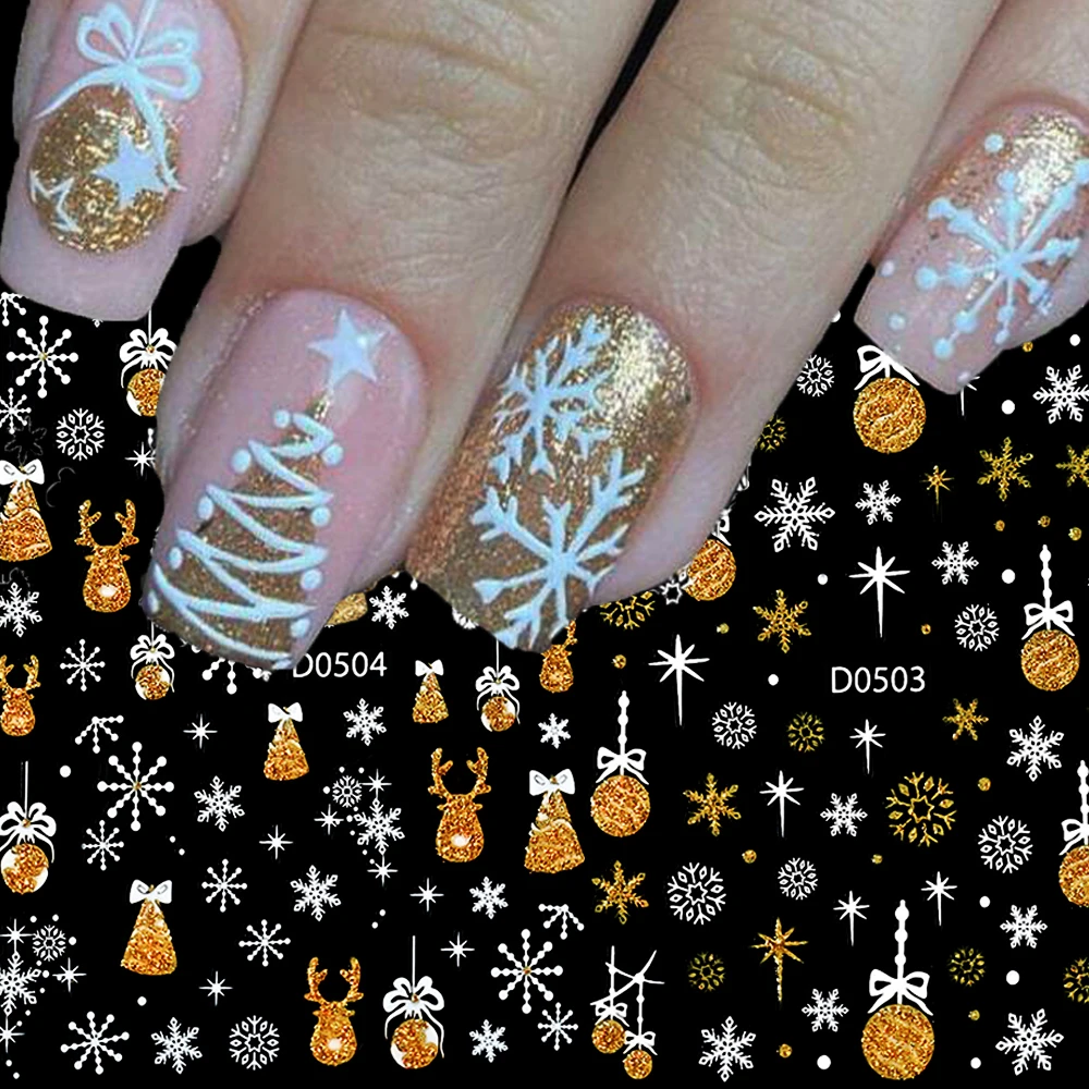 5D Goldern Glitter Kerst Sneeuwvlok/Bell Nail Art Sticker 8*10 cm Reliëf Glanzende Elanden, Bell, Sneeuwvlok Nail Decal DIY Xmas Slider