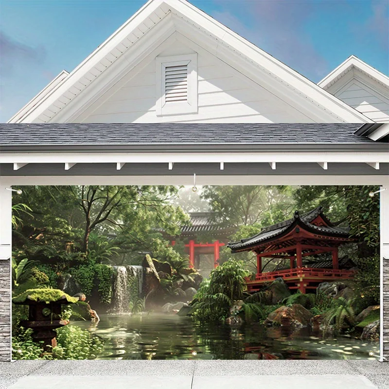 Ein 2D-Polyester-Partybanner – japanische Gartenlandschafts-Garagendekorationsflagge – langlebige Polyester-Außendekoration