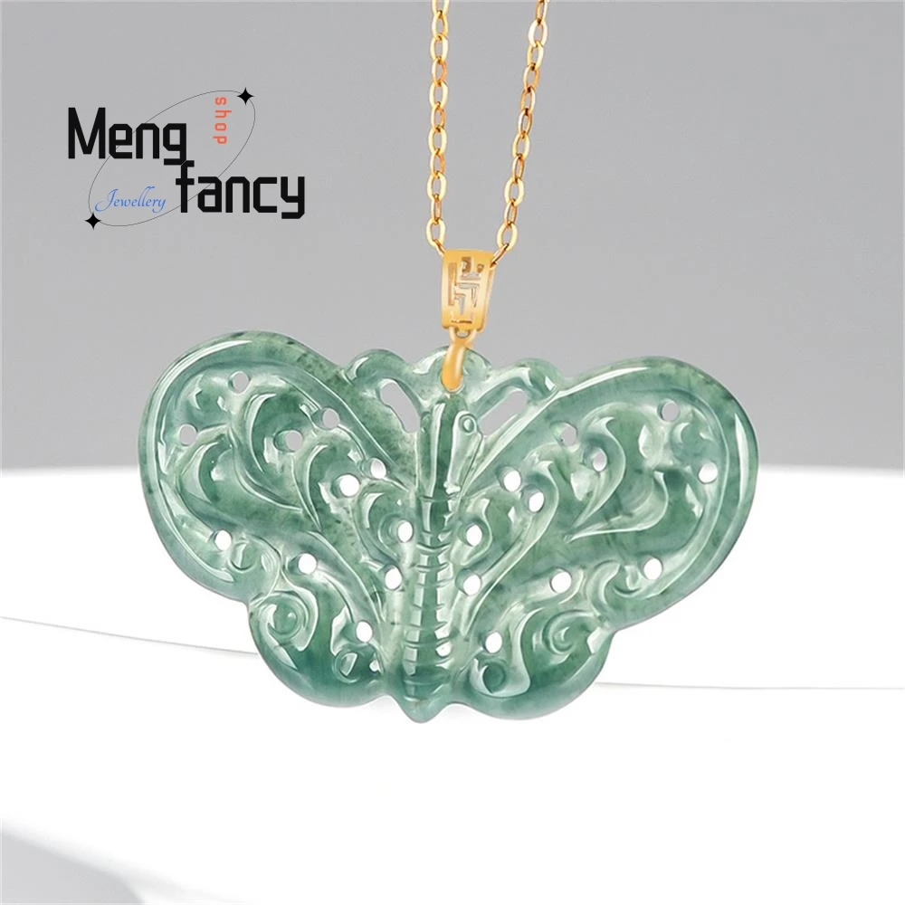 

Natural A-goods Jadeite Blue Water Butterfly Pendant Openwork Ancient Style 18K Gold Button Head Exquisite Charms Luxury Jewelry