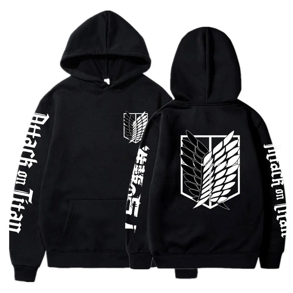 Sudadera con capucha negra Attack on Titan para hombre y mujer, sudadera de algodón de invierno 2025, emblema de alas de libertad, estampado en el pecho, manga Attack on Titan