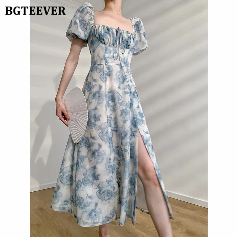 

BGTEEVER Elegant Square Collar Lace-up Women Floral Dress Summer Puff Sleeve Slim Waist Split Female A-line Dress vestidos