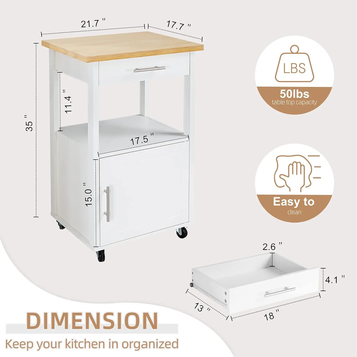 Kitchen Island Cart with Storage,Rolling Side Table on Wheels with Worktop,Single Door Cabinet and Drawer for Dinning Room,White