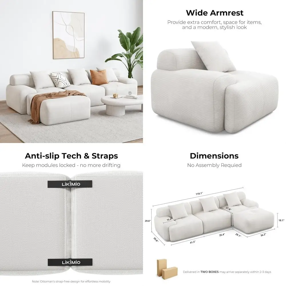 

Modern L-Shaped Sectional Sofa for Living Room, Beige Corduroy Upholstery, Oversized 3-Seater Couch with Deep Seating