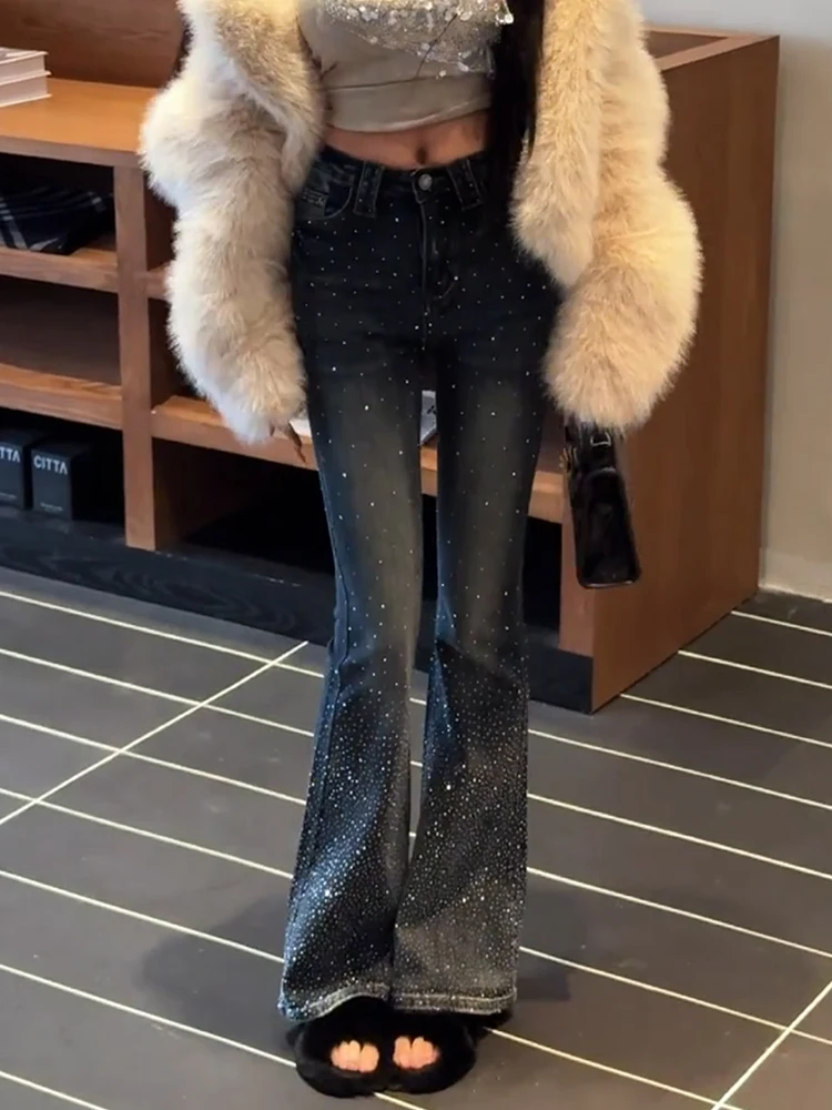 

Retro American High Street Design Sensation Star Distred Jeans Women Slimming Small Micro Flared Pants l Waist