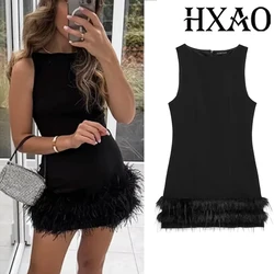 HXAO Women's Dress Feathers Sleeveless Mini Dress Elegant Black Short Dresses Bodycon Party Dresses Woman Vest Christmas Dress