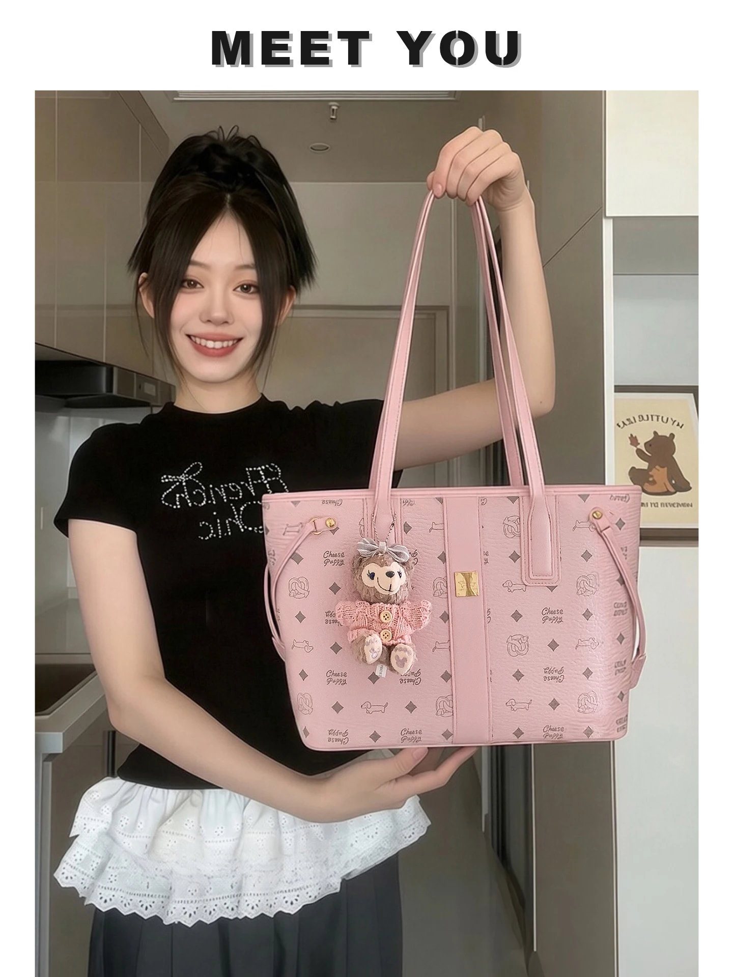 pink-large-capacity-spring-summer-tote-bag-women's-commuter-shoulder-bag-casual-simple-style-pure-e-commerce-sales-zipper-clo